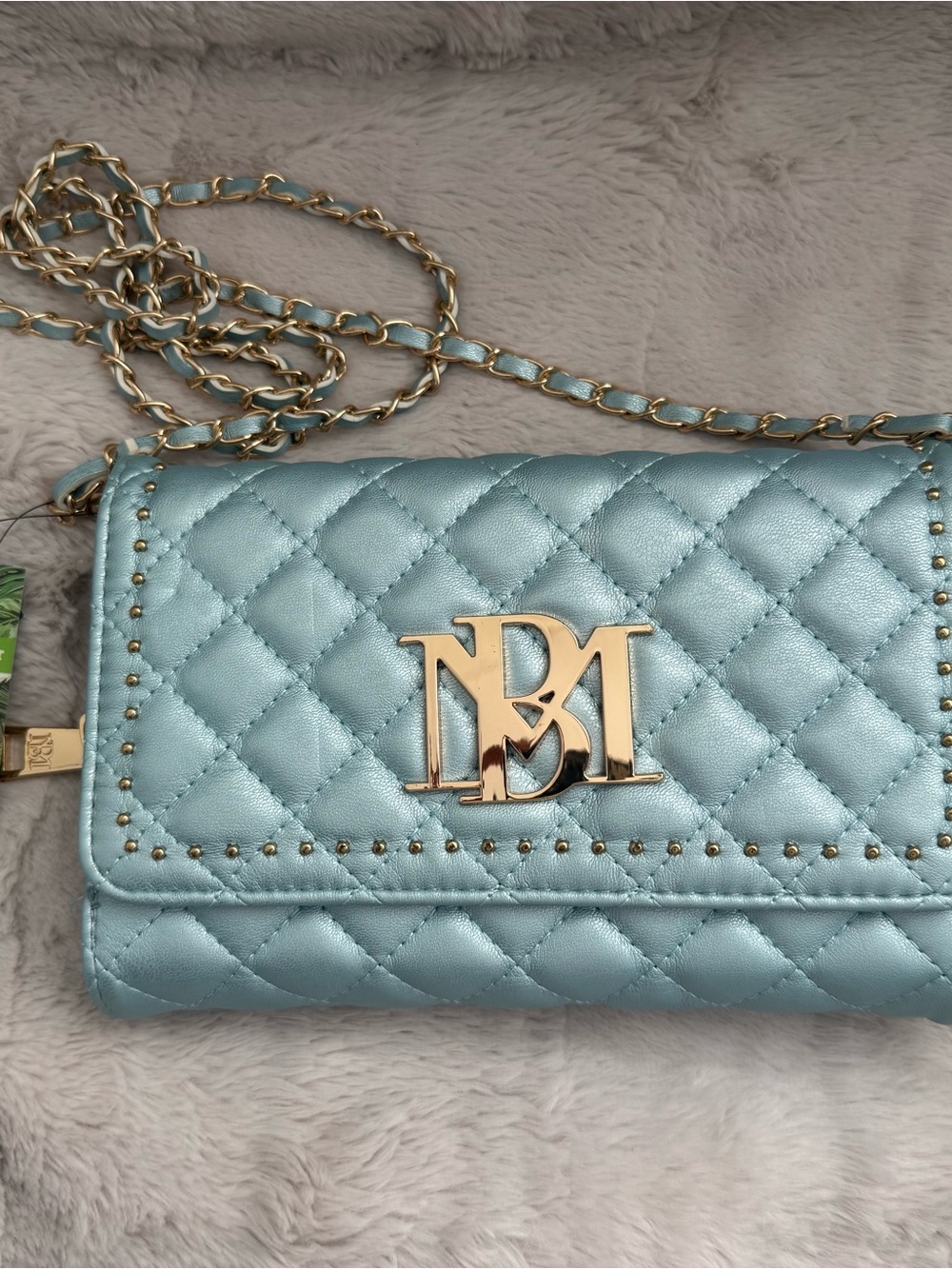 Jewel Badgley Mischka Light Blue Quilted Crossbody with Gold Logo